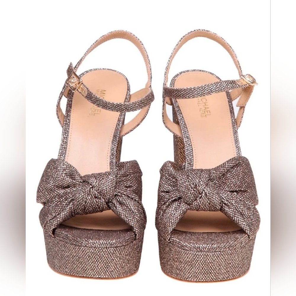 Michael Kors Gold Brown Sandals Platform  Ankke Strap New Sz 10 - Picture 6 of 15